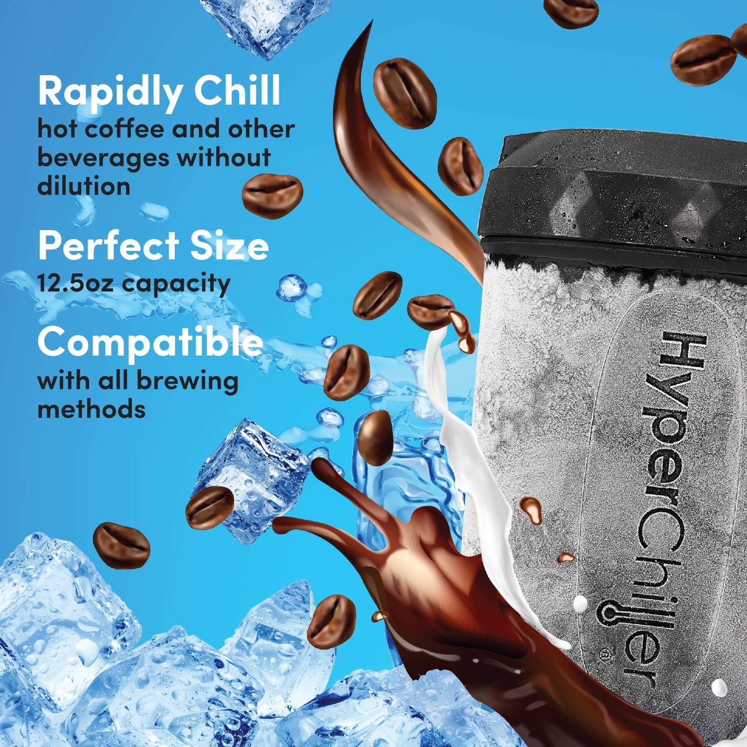 HC3 Patented Iced Coffee/Beverage Cooler, NEW, IMPROVED,STRONGER and MORE DURABLE! Ready in One Minute, Reusable for Iced Tea, Wine, Spirits, Alcohol, Juice, 12.5 Oz, Black